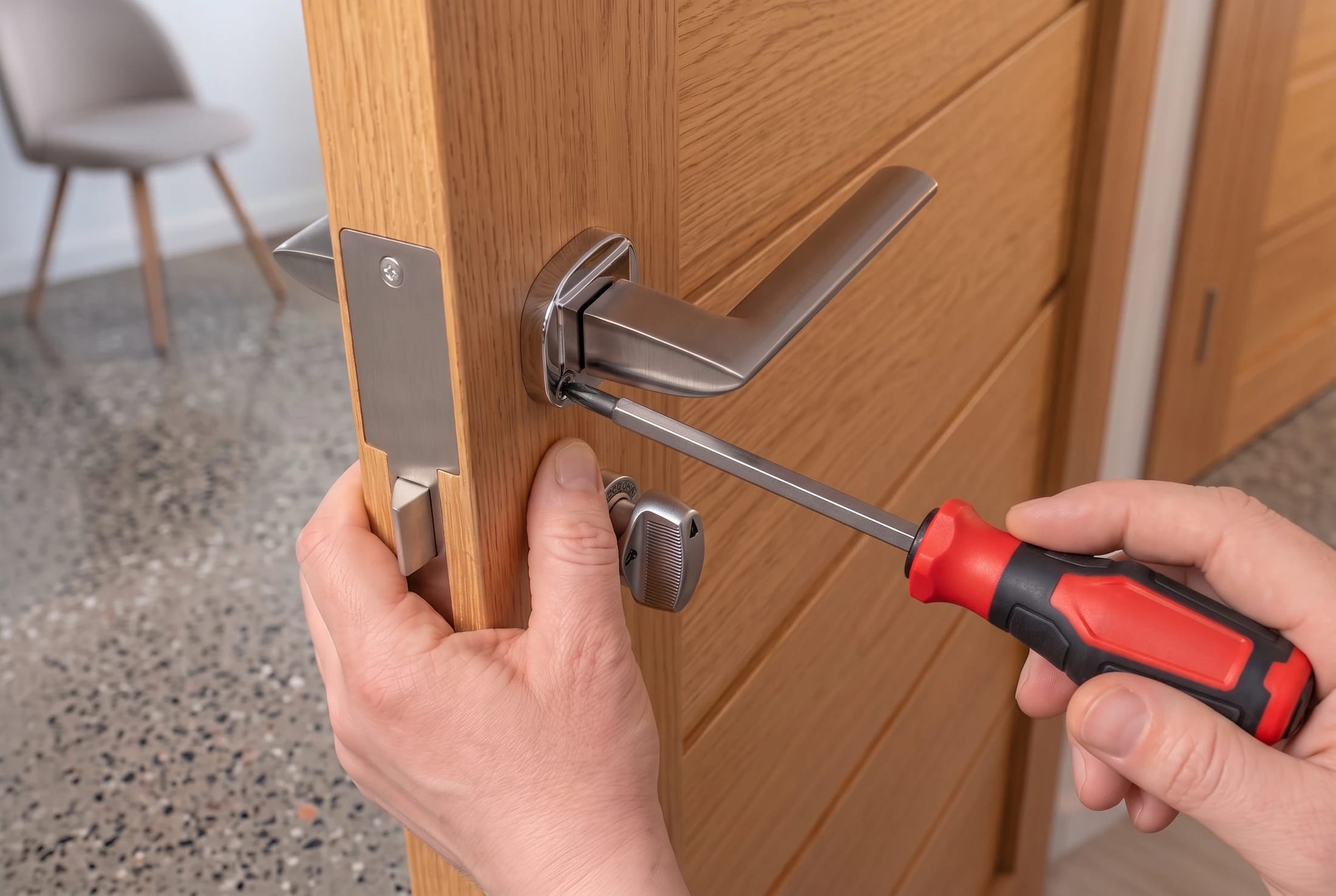 A handyman adjusting door hardware with a screwdriver