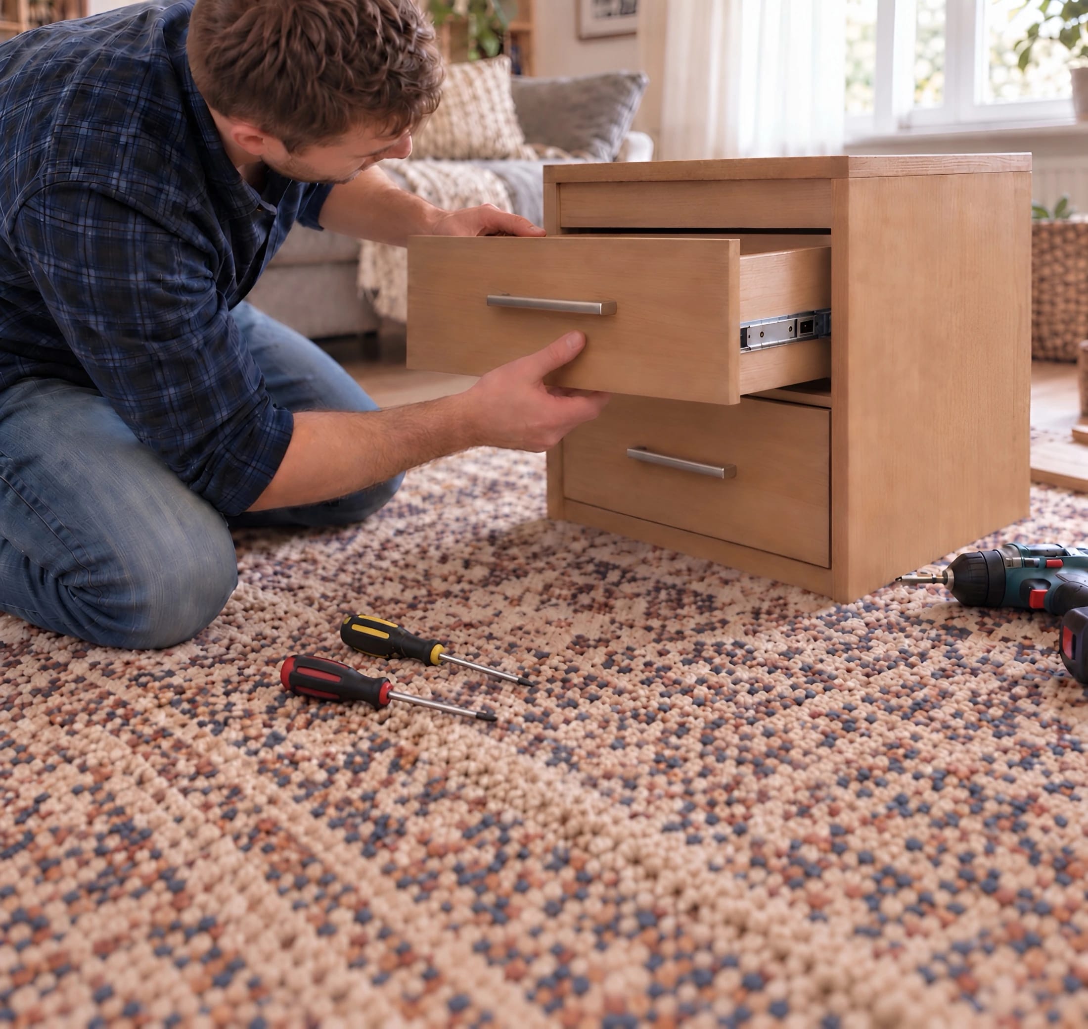 A handyman adjusting a drawer during furniture assembly
