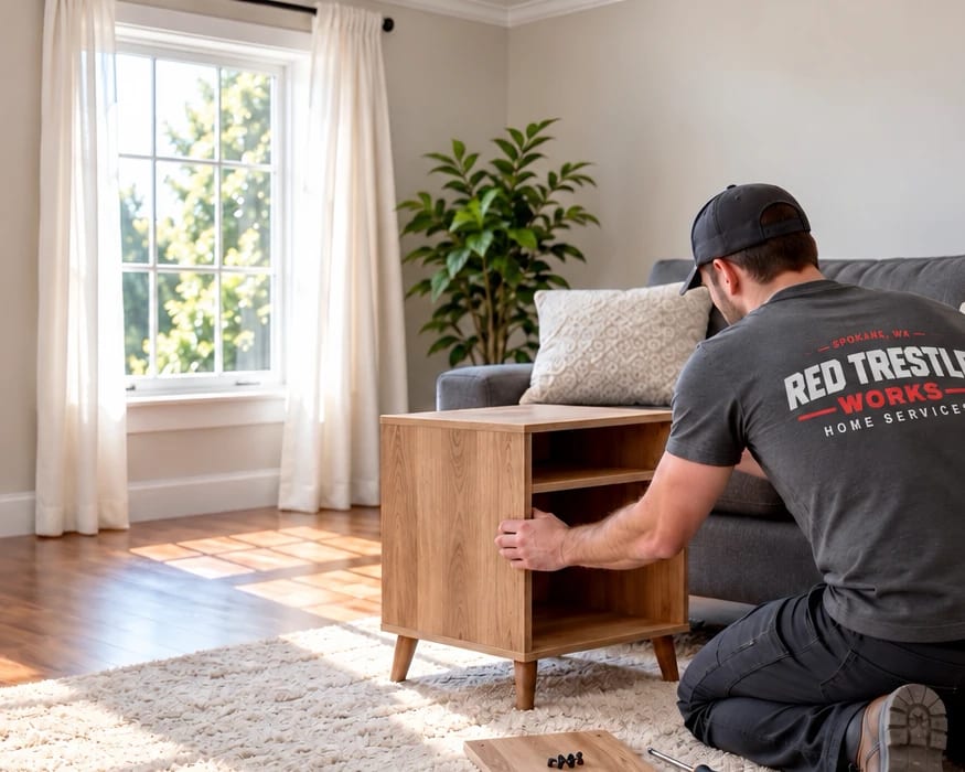 A handyman positioning a small cabinet in a living room