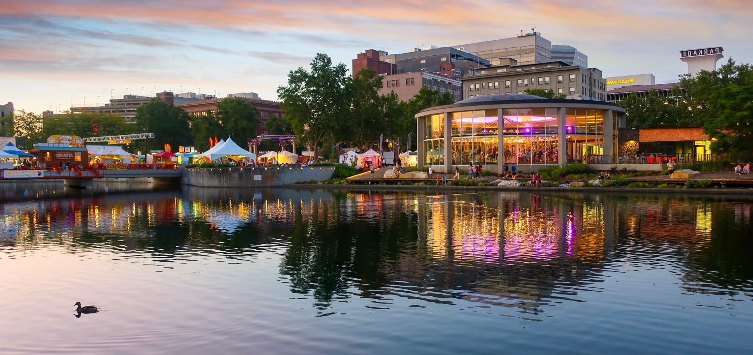 Riverfront Park and the Looff Carrousel in Spokane at sunset