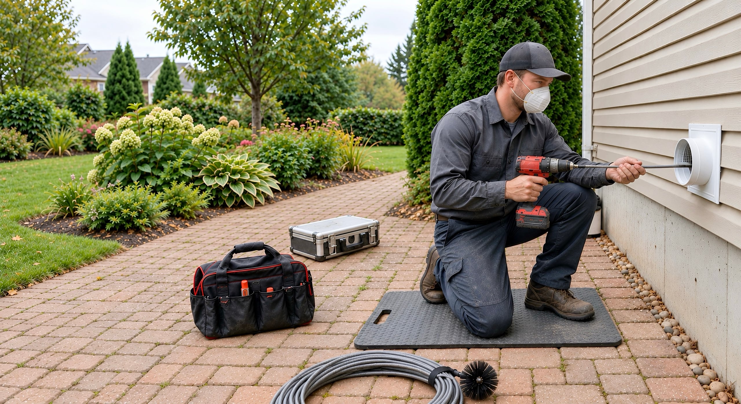 A technician checking an exterior dryer vent at a Spokane home