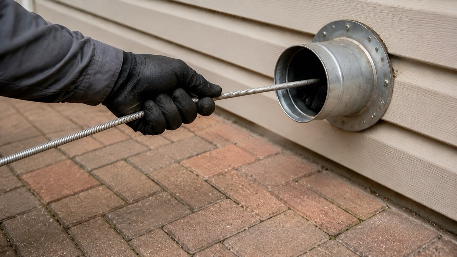 A vent-cleaning brush being guided into an exterior dryer vent