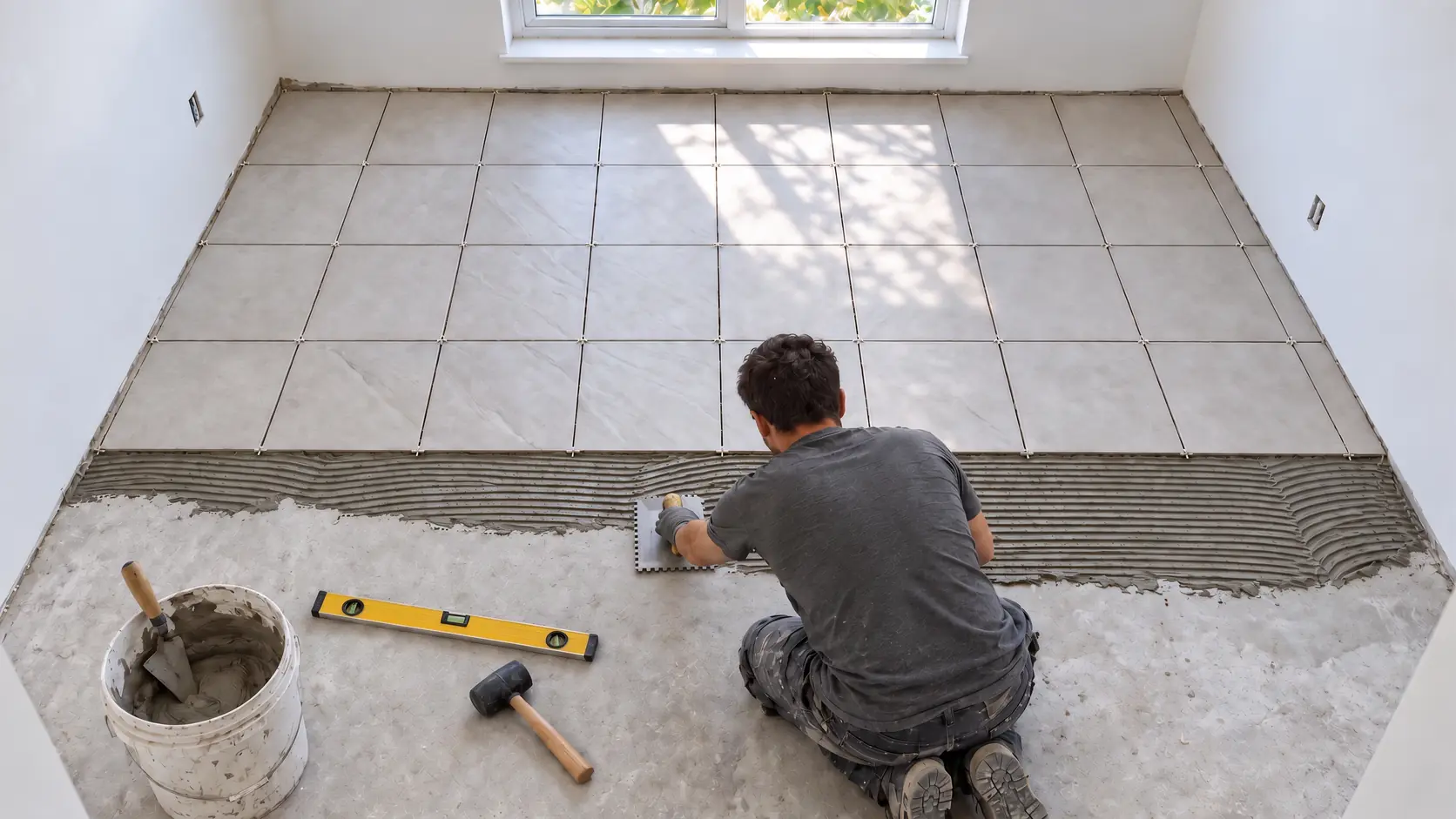 A tile installer applying mortar for square floor tile in a residential room