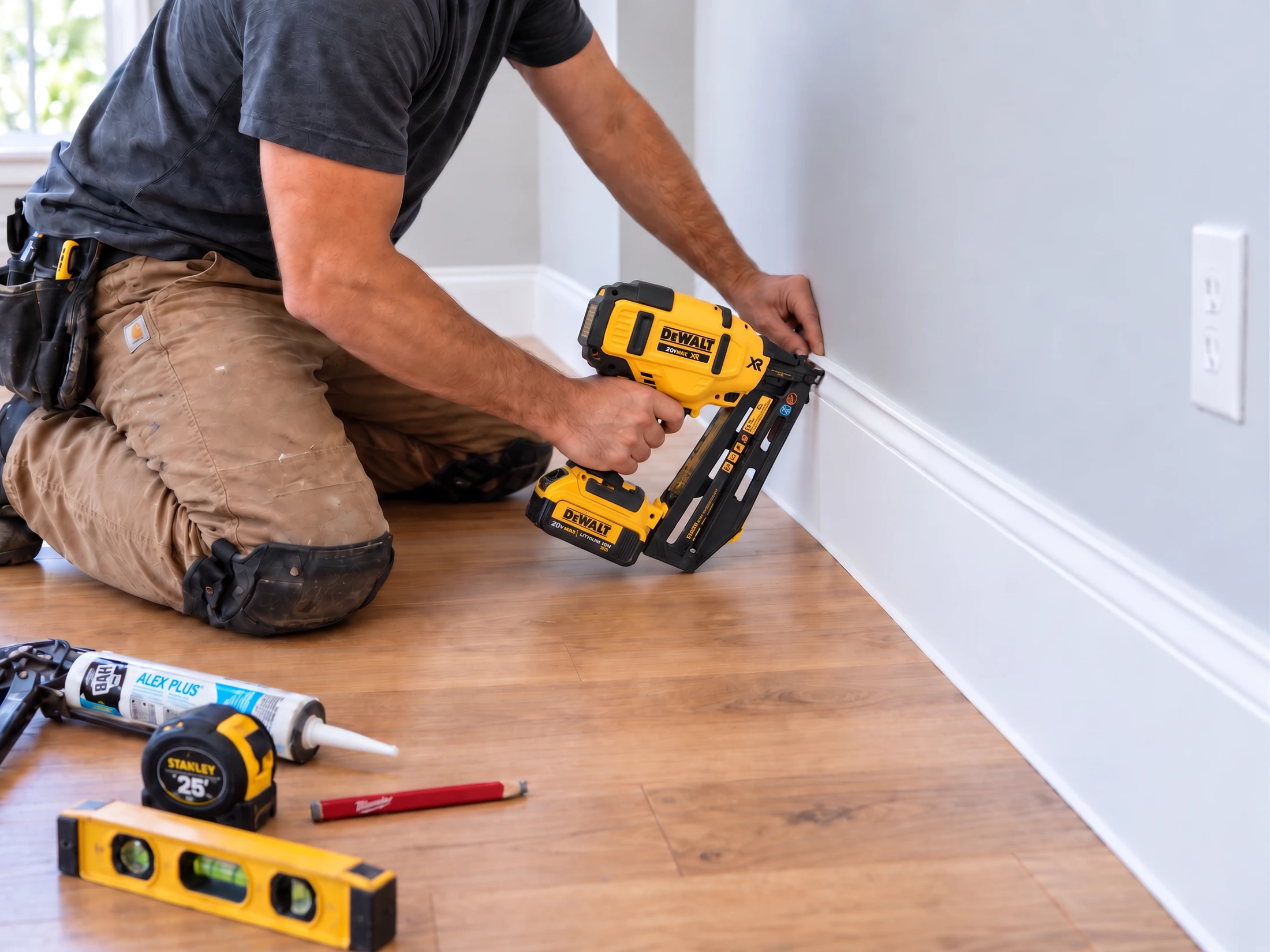 A handyman installing white baseboard trim