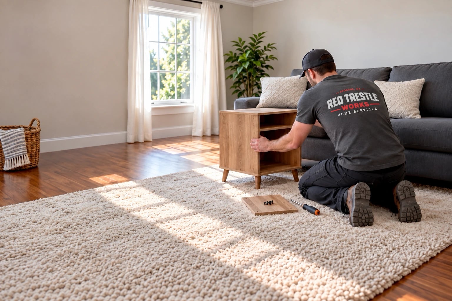 A handyman positioning a small cabinet in a living room