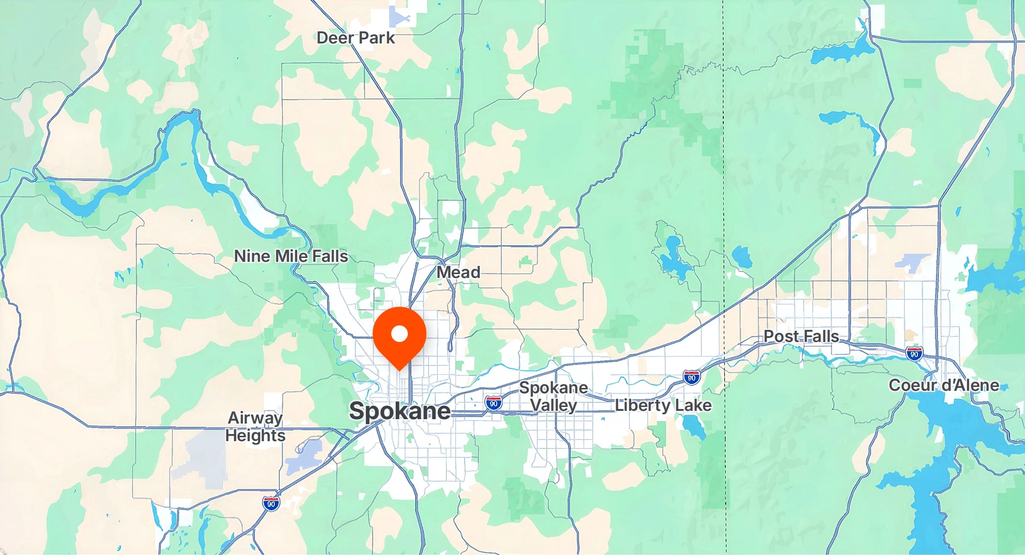 Map showing Spokane, Spokane Valley, Deer Park, Post Falls, Coeur d’Alene and surrounding communities