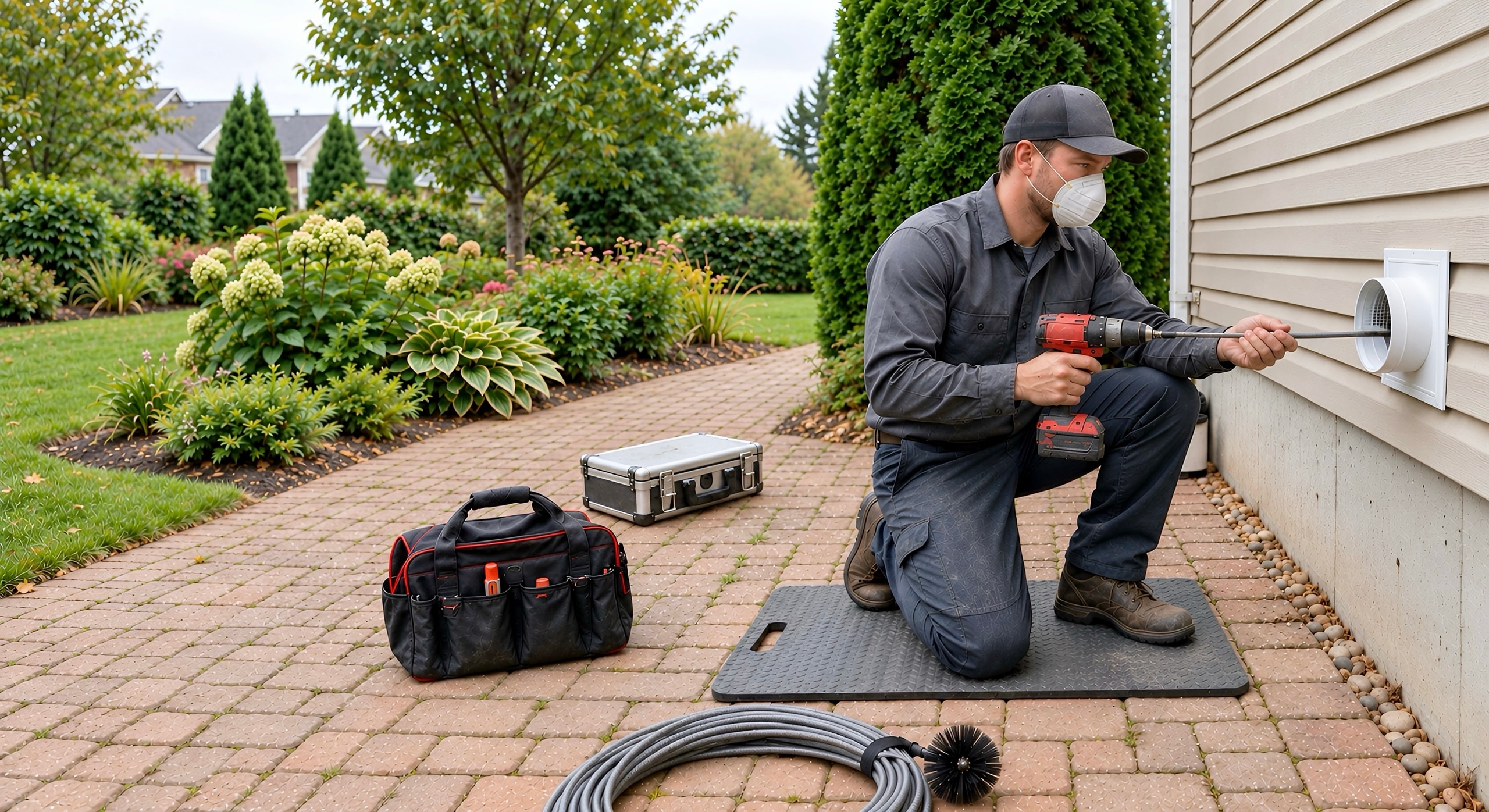 A technician checking the exterior dryer vent at a Spokane home