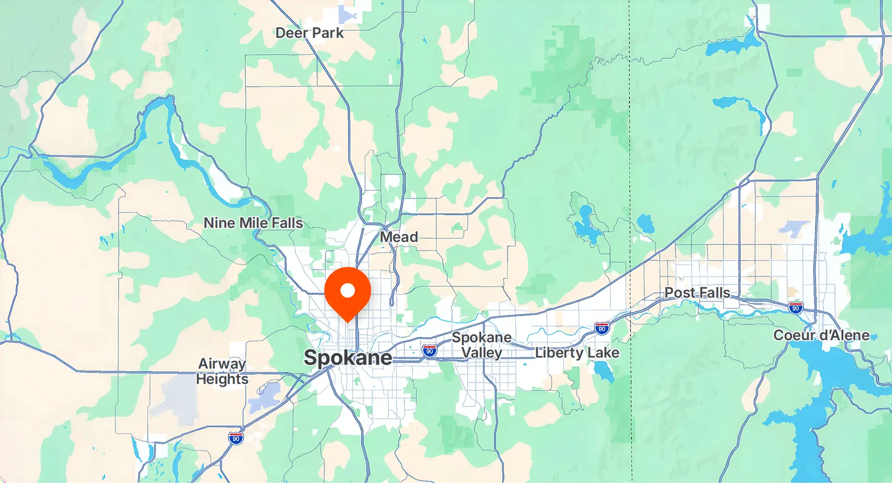 Regional map centered on Spokane, with nearby Washington and Idaho communities. The full city list is provided above.